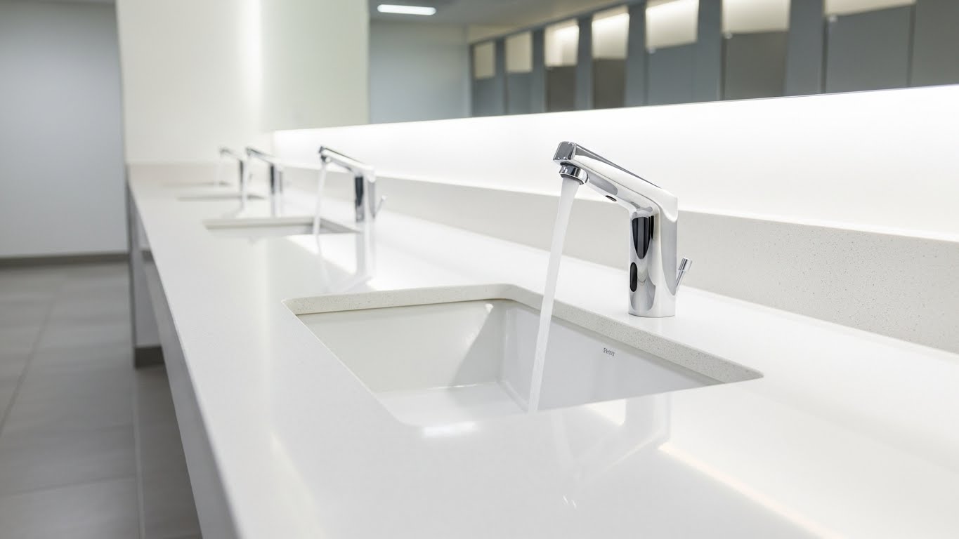 High-traffic commercial restroom touchless faucet image