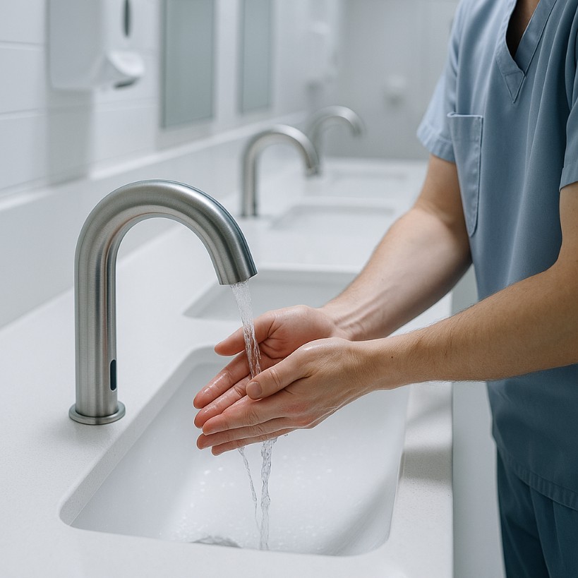 Healthcare worker washing hands under a touchless stainless steel sensor faucet at a commercial sink.