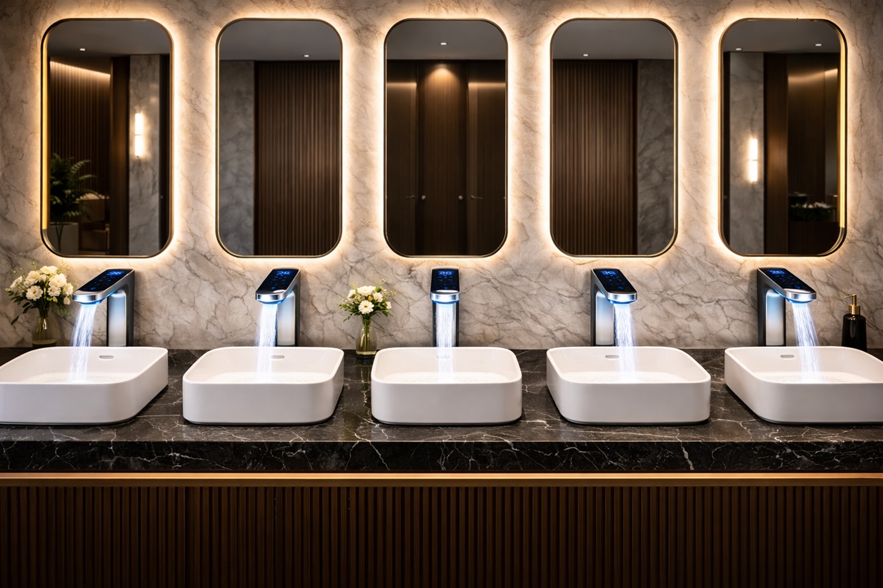 Public infrastructure facility using modern touchless plumbing fixtures