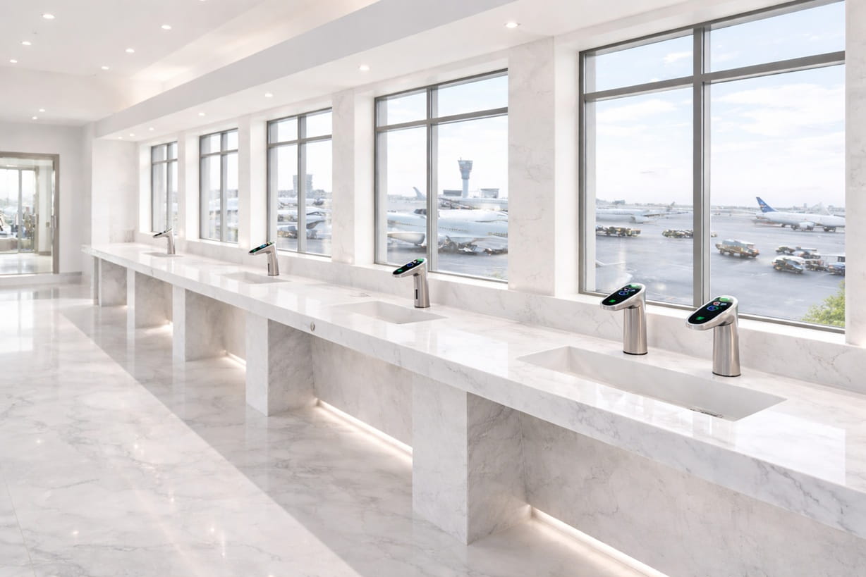 High-end commercial restroom with coordinated touchless fixtures and soap dispensers