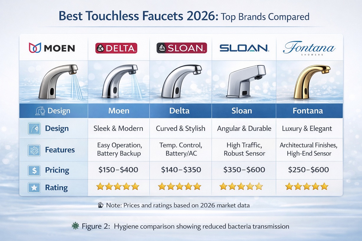 Best touchless faucets 2026 comparison including Moen, Delta, Sloan, Fontana