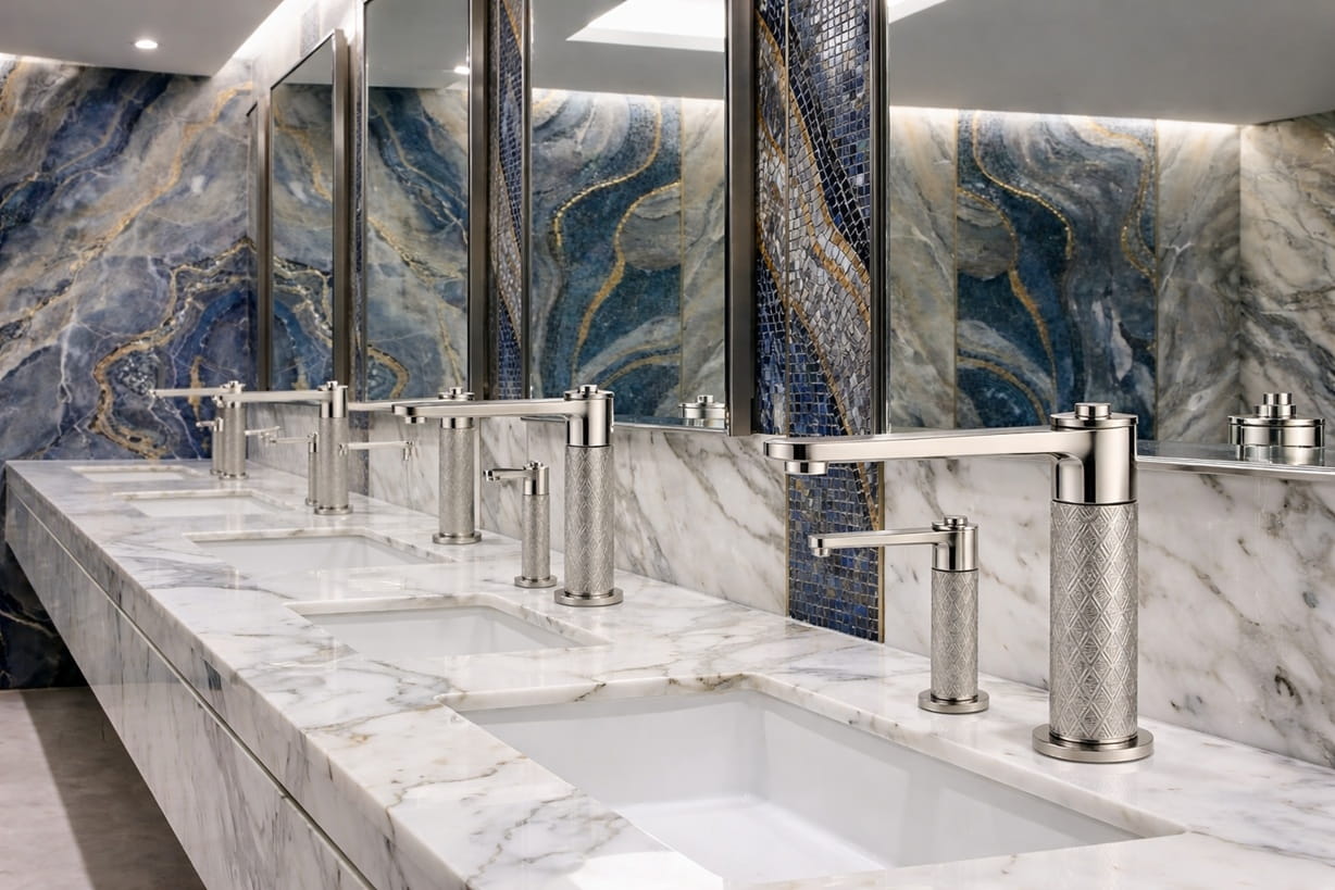 Luxury hotel bathroom with touchless faucet system