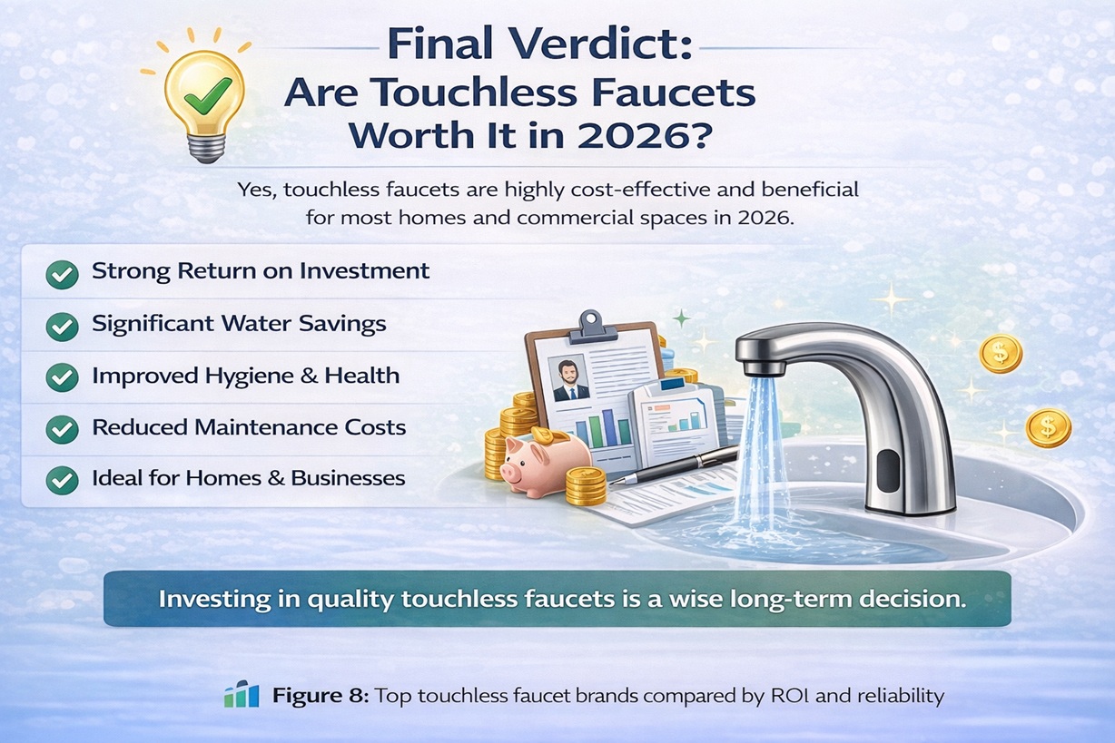 Final verdict infographic for touchless faucets 2026 - worth it for most applications