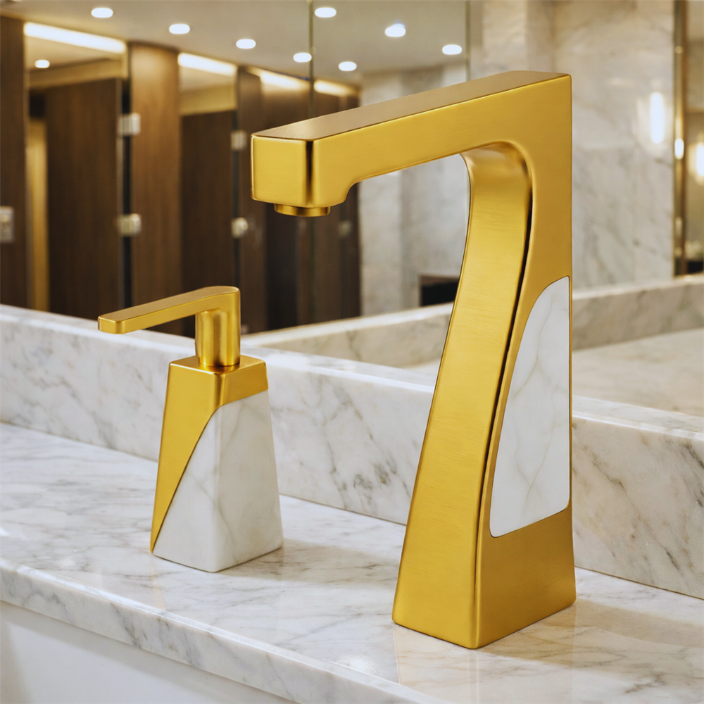 Modern commercial bathroom with blue accent lighting and touchless fixtures