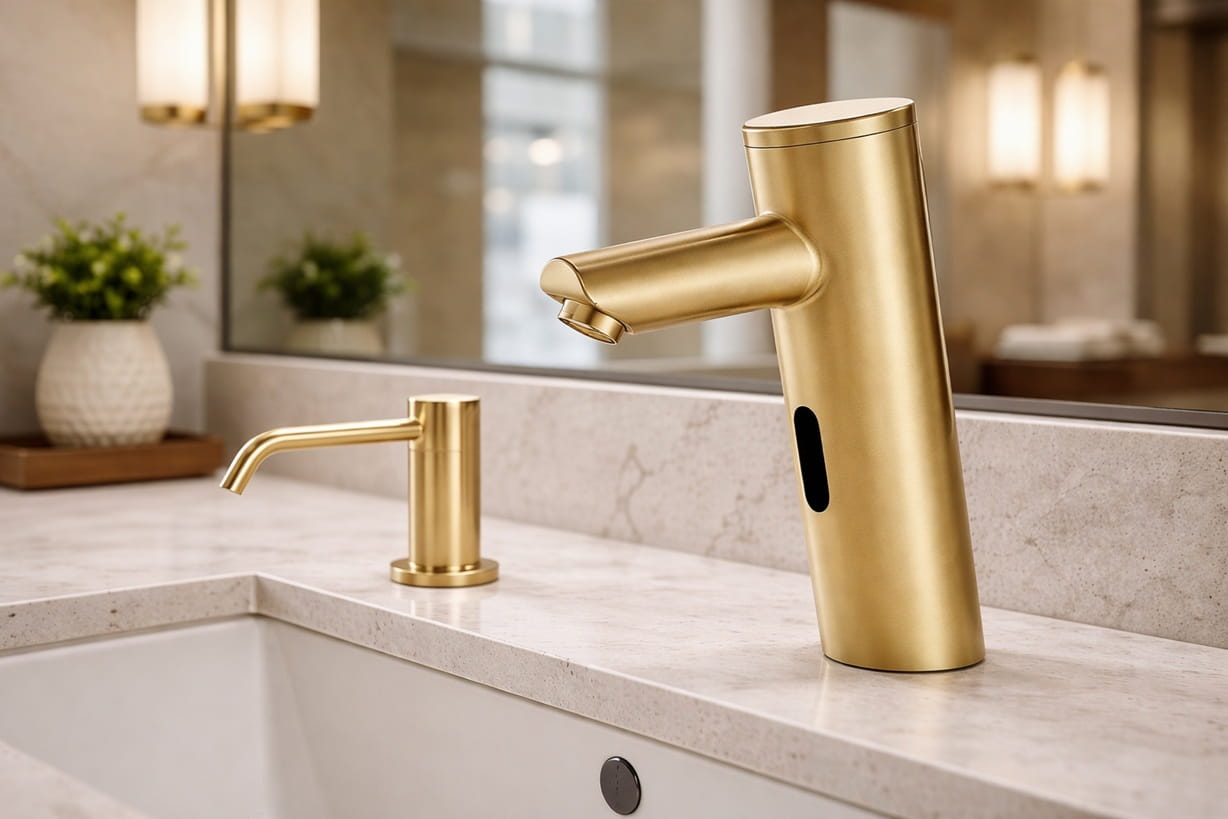 Commercial restroom with modern blue and white design