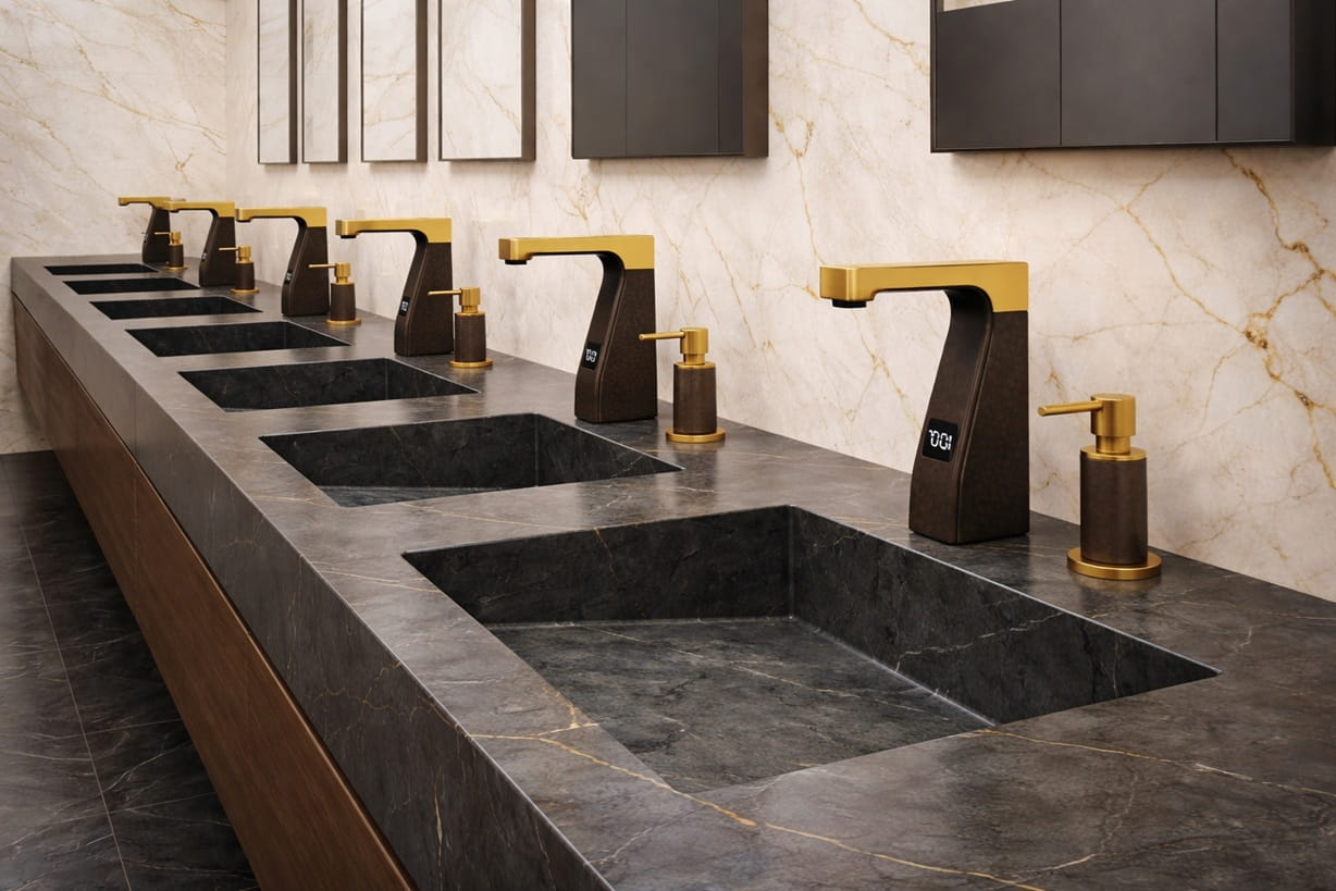 Assorted touchless faucet models displayed for commercial product comparison