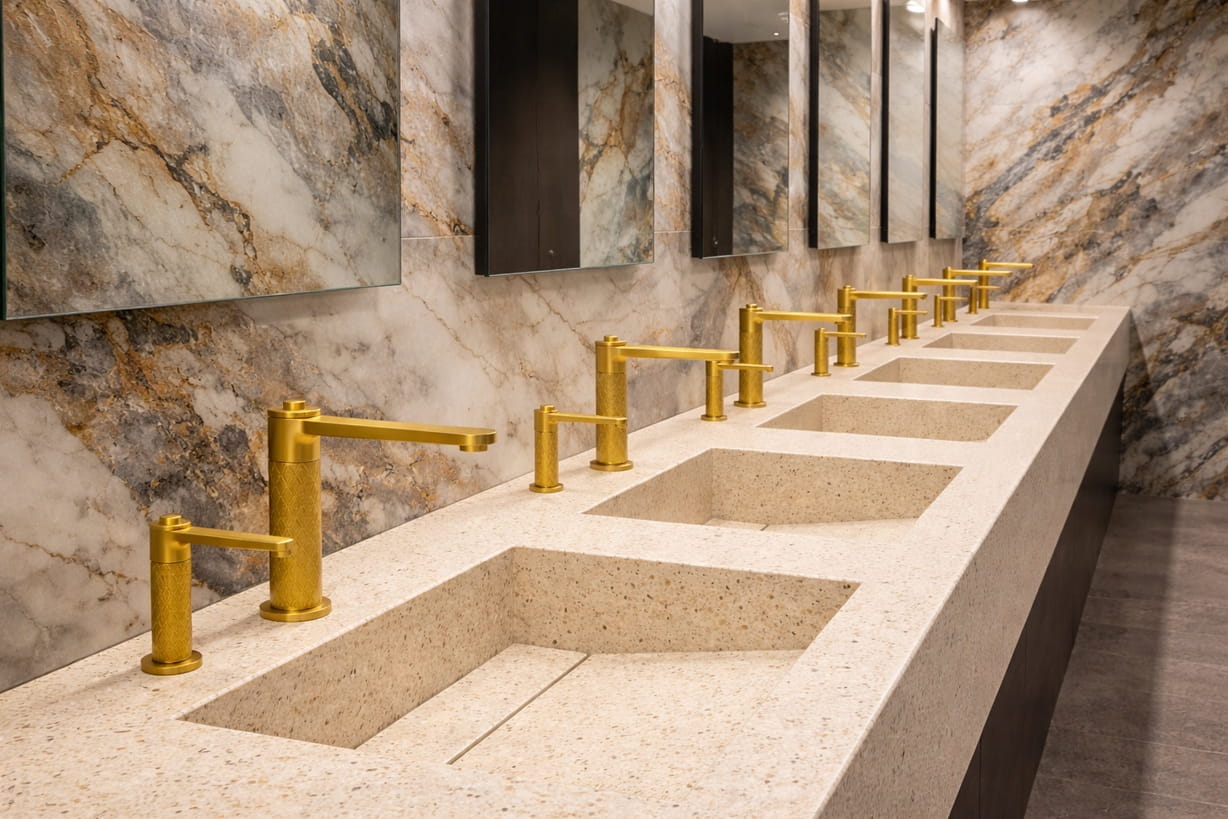 Modern commercial touchless faucet installation in a large public restroom