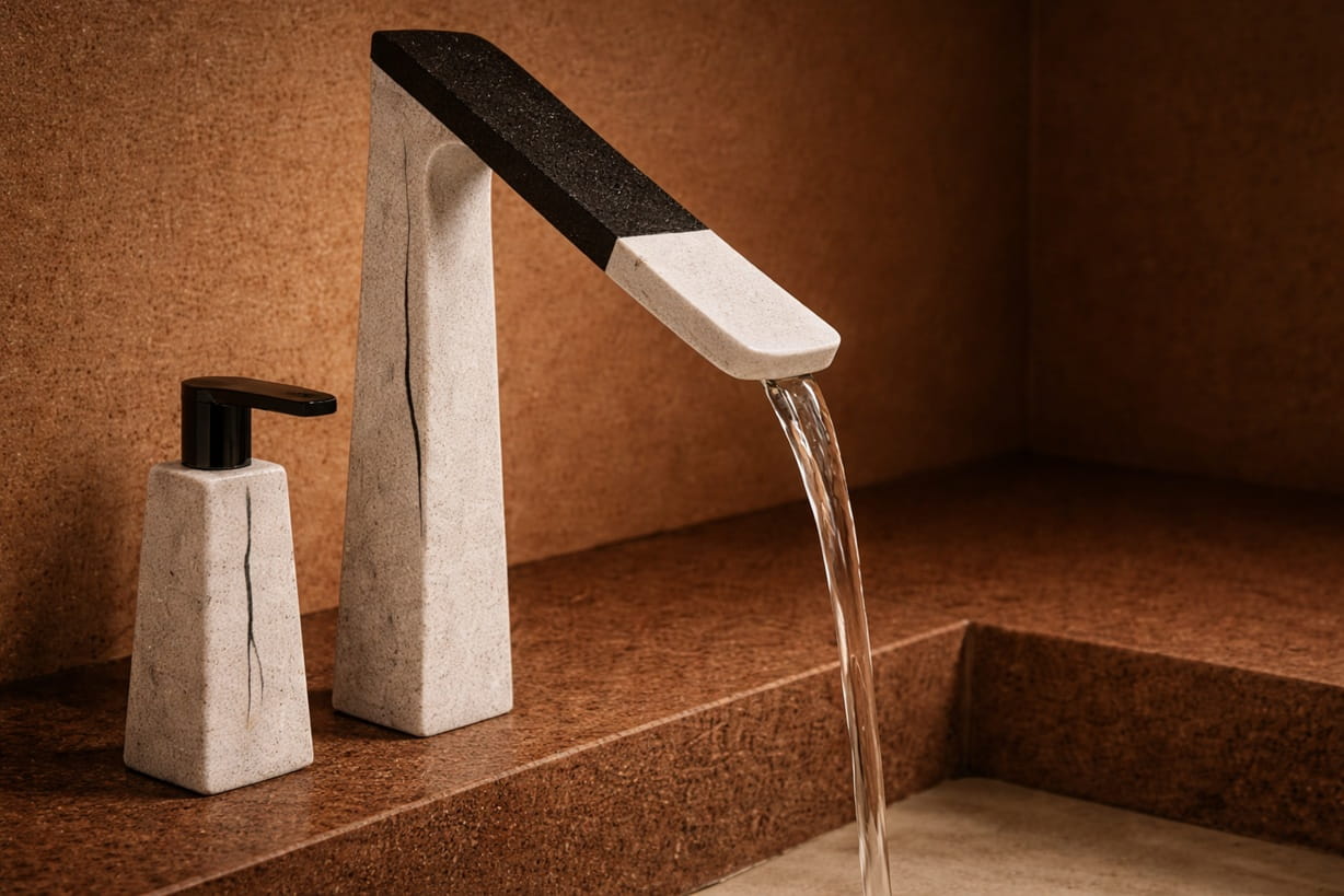 Modern commercial restroom with touchless Fontana-style faucet system in a high-traffic public building