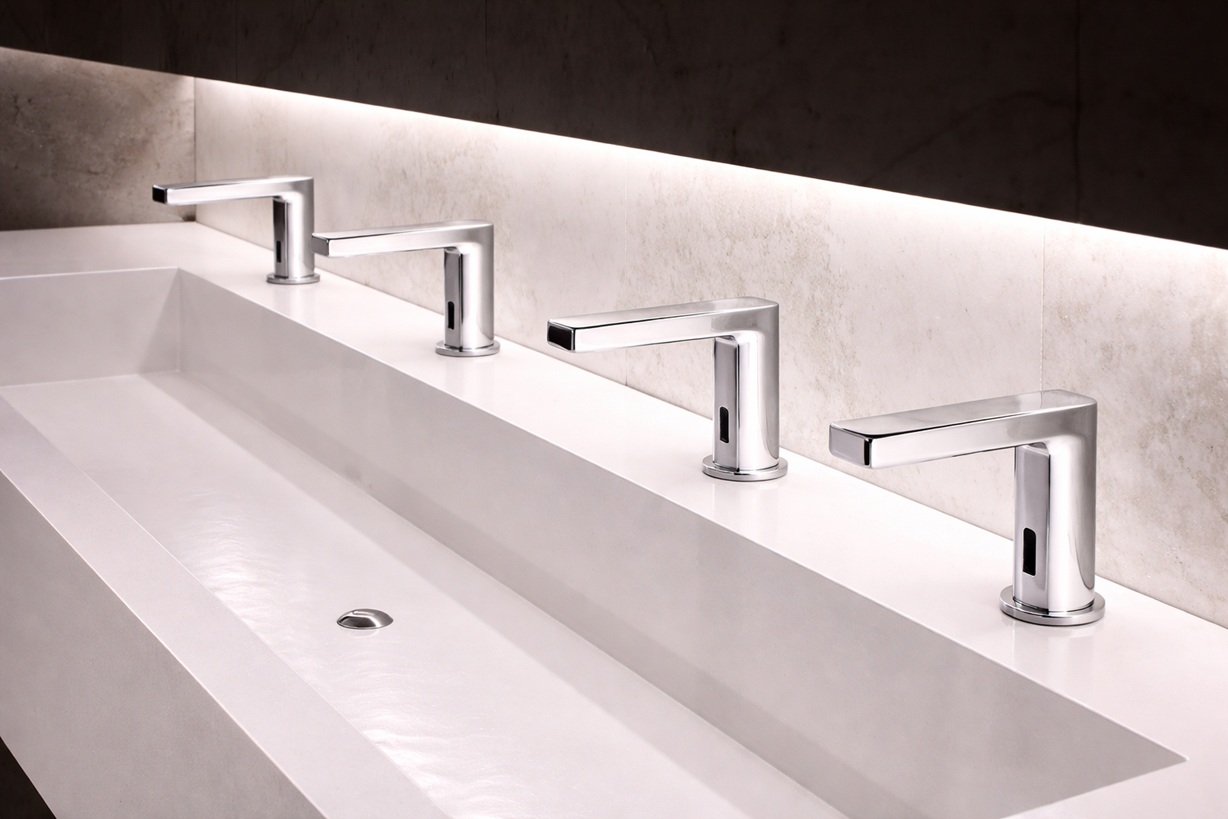 Contemporary office restroom with coordinated touchless faucet and soap dispenser design