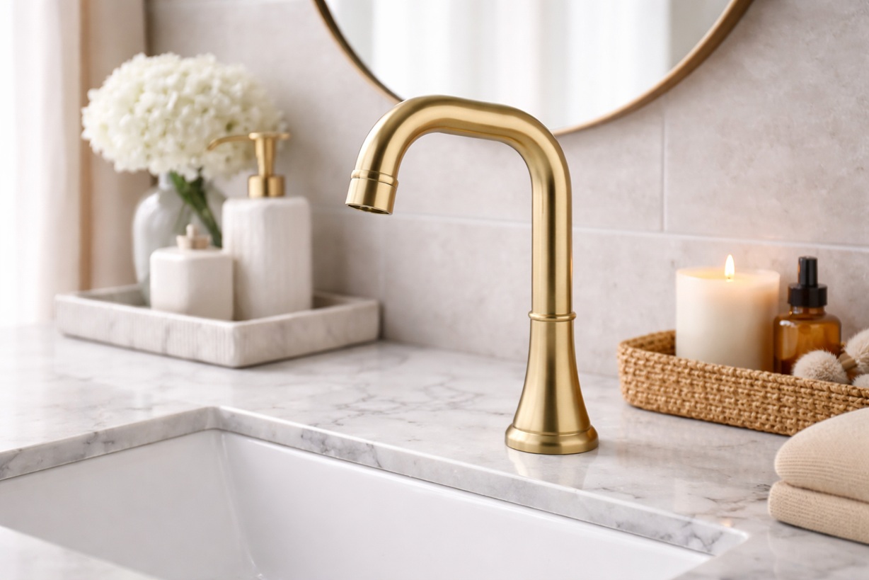 Luxury hotel bathroom vanity with premium touchless faucet finish