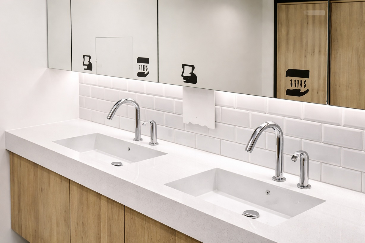 Commercial vandal-resistant faucet detail with protected sensor face