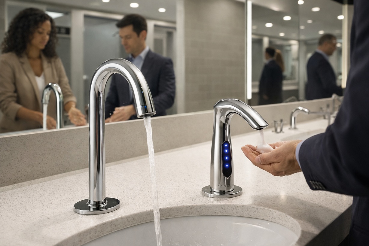 Stadium restroom with long row of touchless faucets prepared for event crowds