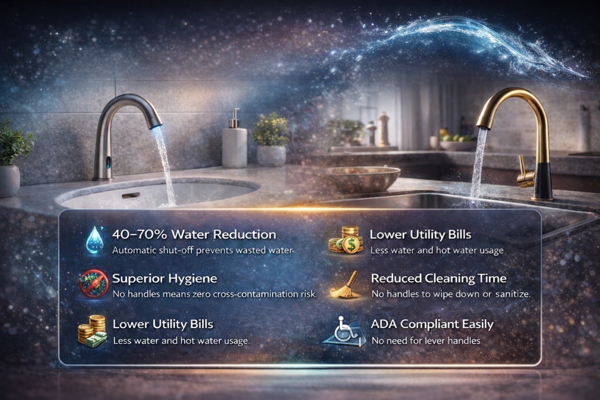 Hygiene benefits of touchless faucets showing reduced bacteria transmission compared to manual faucets