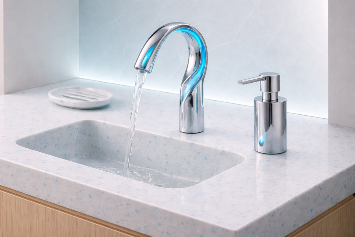 Public government restroom with ADA-conscious touchless sink configuration