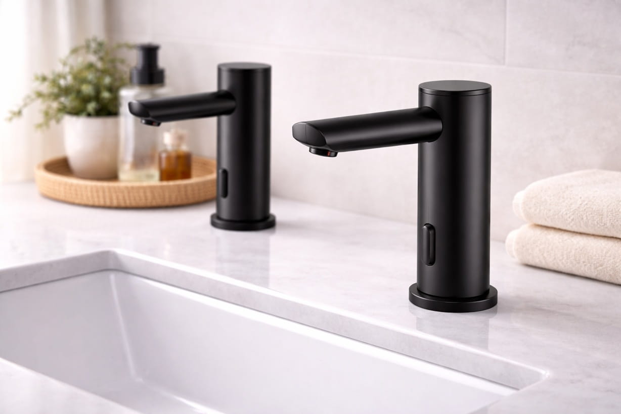 Clinical restroom materials detail showing stainless steel and brass touchless plumbing hardware