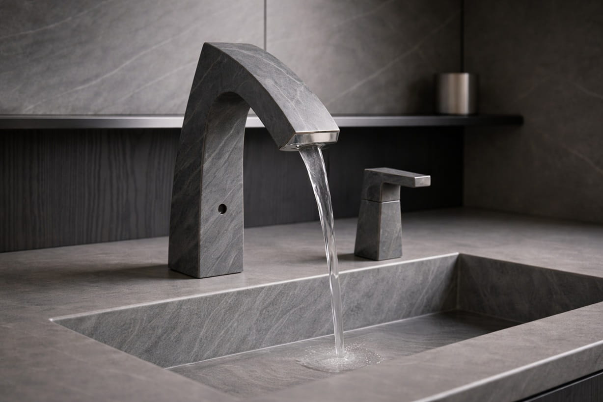 Luxury hotel public restroom with modern touchless fixtures