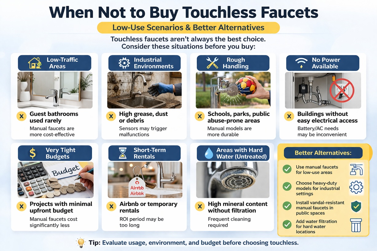 When not to buy touchless faucets infographic showing low-use scenarios where manual faucets may be better