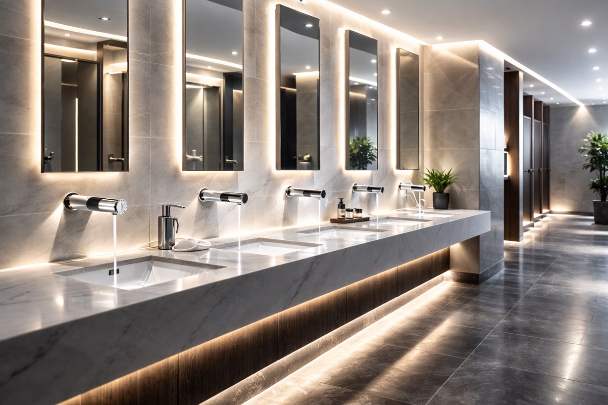 Facilities operations team maintaining sensor-operated commercial restroom fixtures