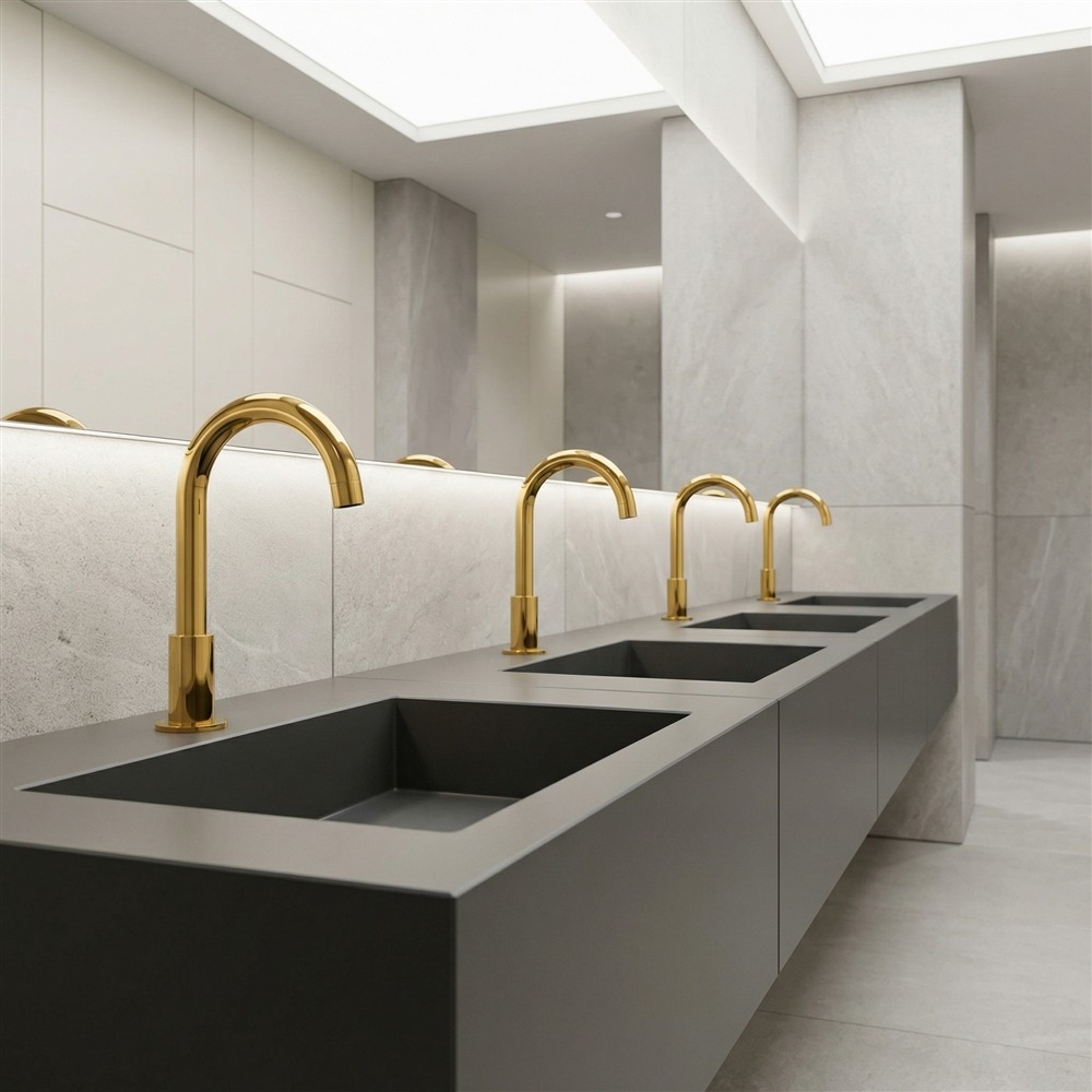 Public government restroom with ADA-conscious touchless sink configuration