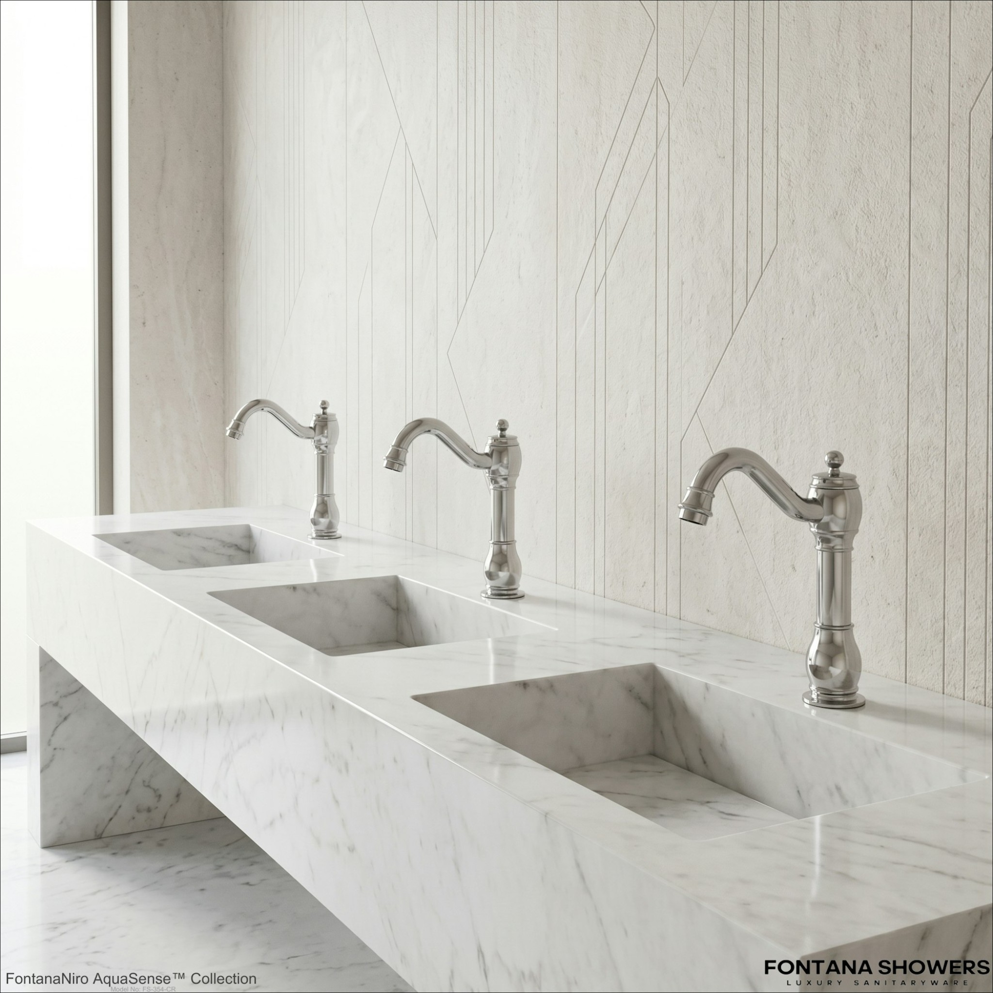 Water-efficient chrome touchless faucet suitable for a phased commercial restroom retrofit