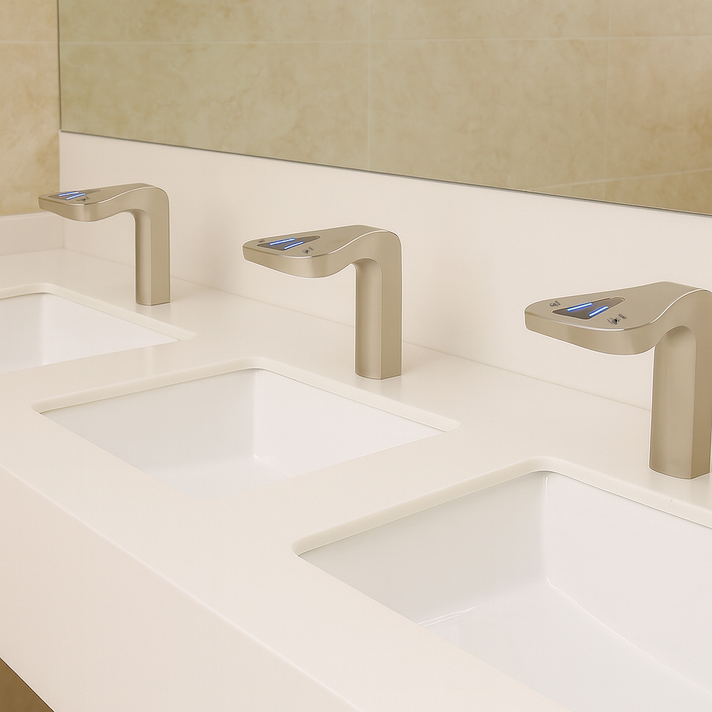 Heavy duty touchless faucet fixture for transit and commercial restroom environments
