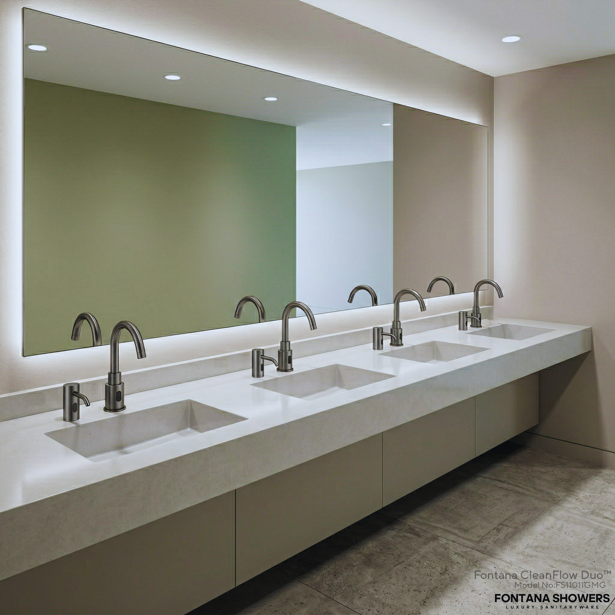 Luxury commercial touchless faucet installed on a modern restroom sink