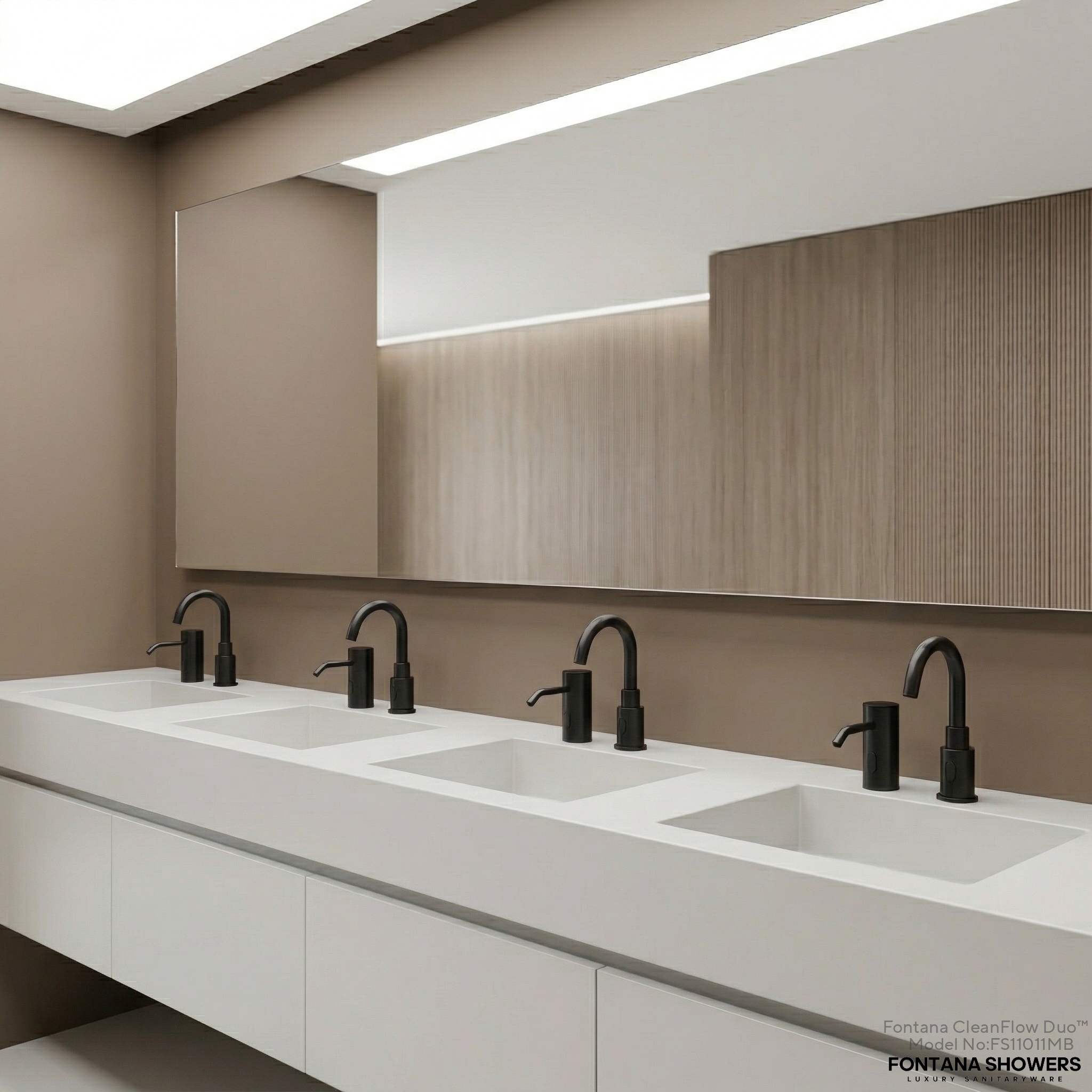 Hands-free sensor faucet with water flow in a contemporary restroom setting