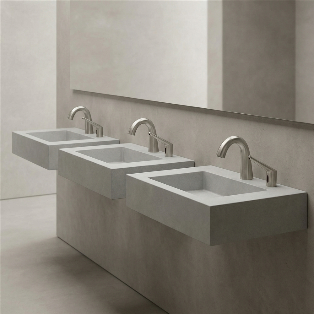 Chrome Fontana touchless faucet for a clean contemporary commercial restroom renovation