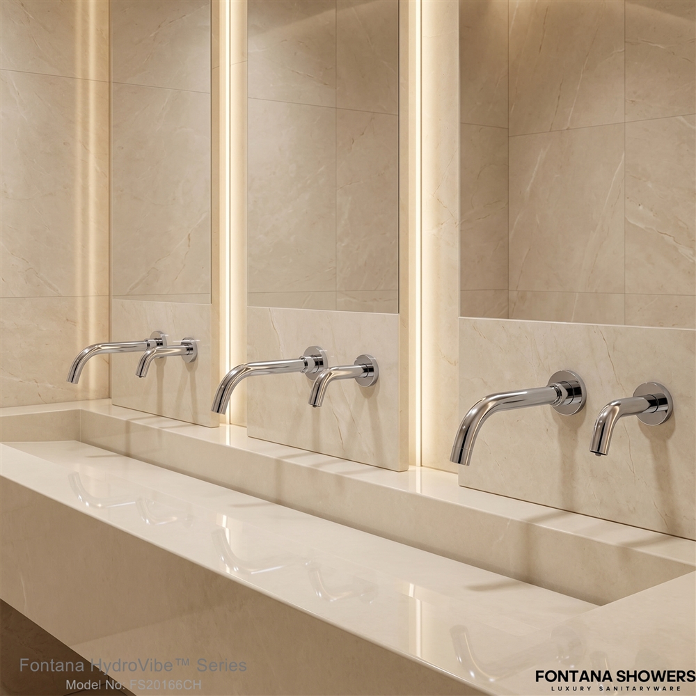 Completed commercial restroom with sensor faucets for high traffic facility use