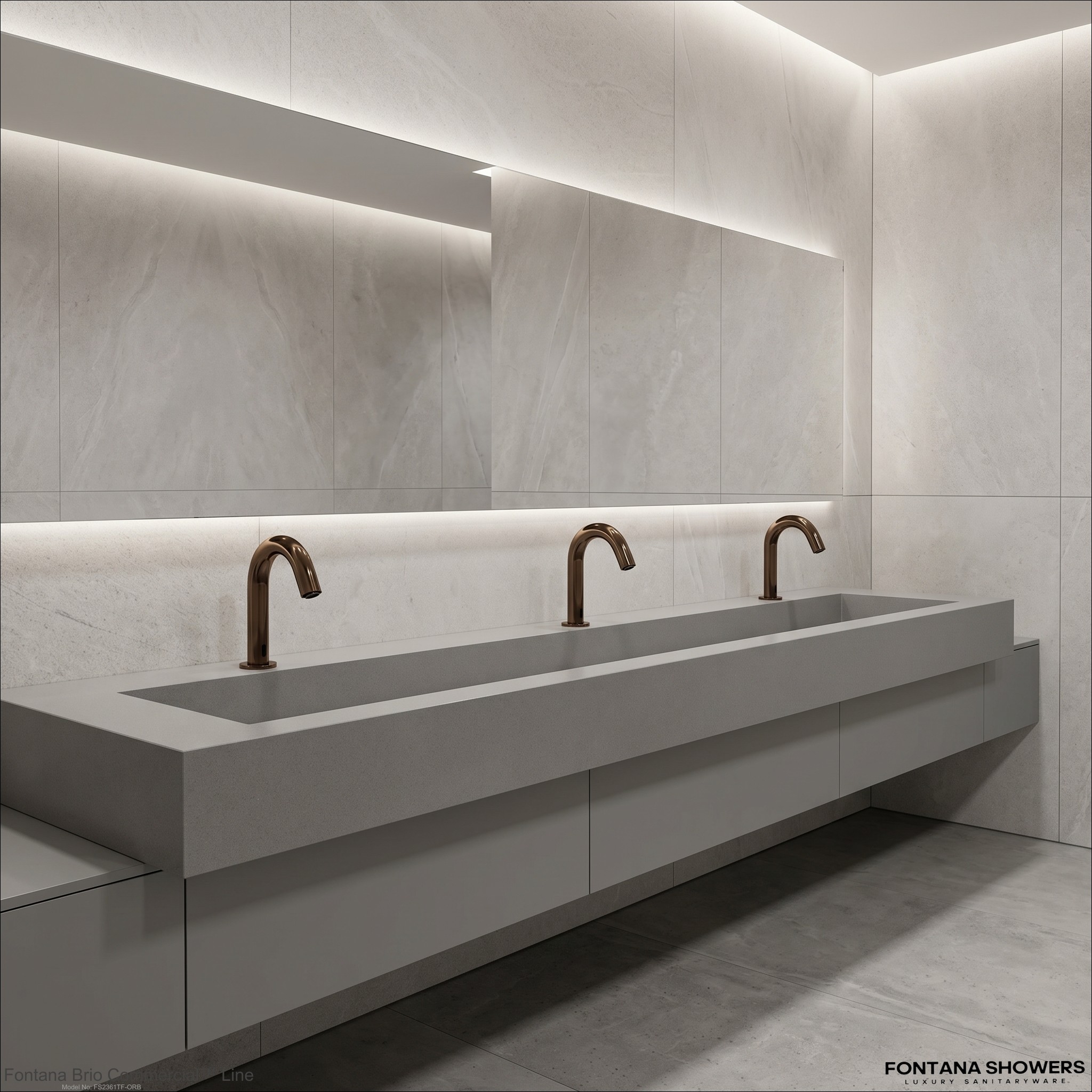 Dark commercial public restroom with wall mounted touchless faucets and vandal resistant sink fixtures