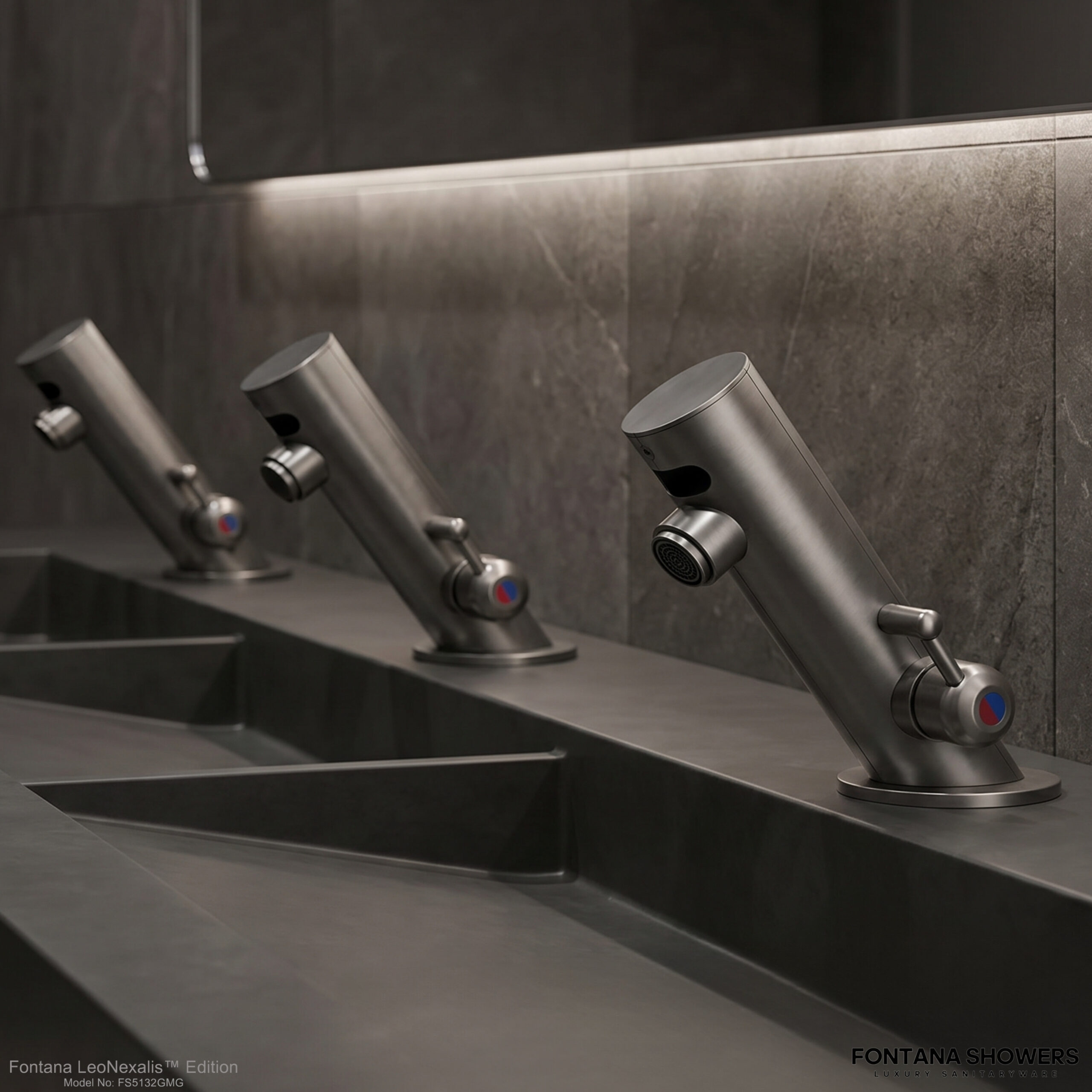 Gunmetal grey faucet finish for a durable contemporary office restroom