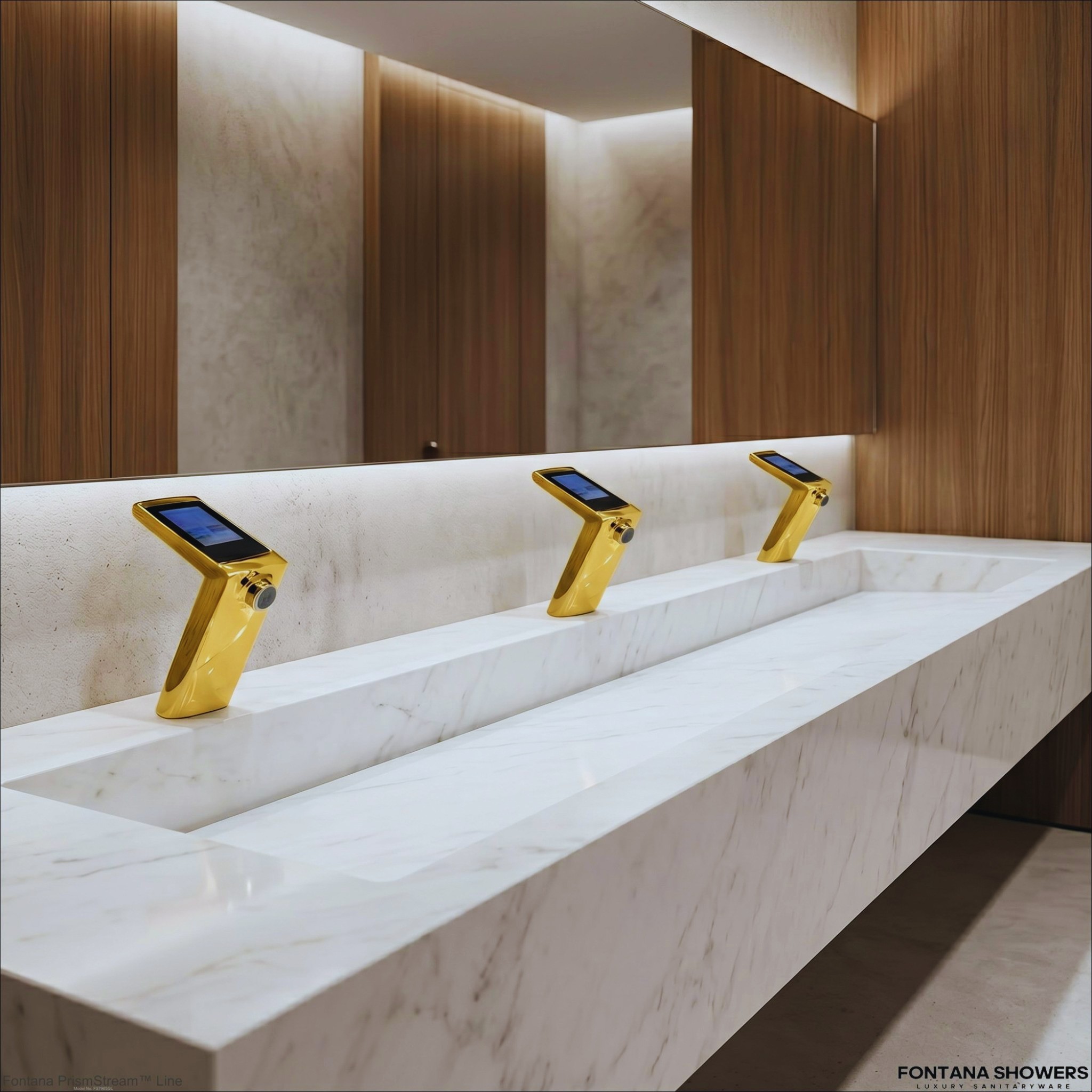 Close-up of infrared sensor faucet in hotel restroom