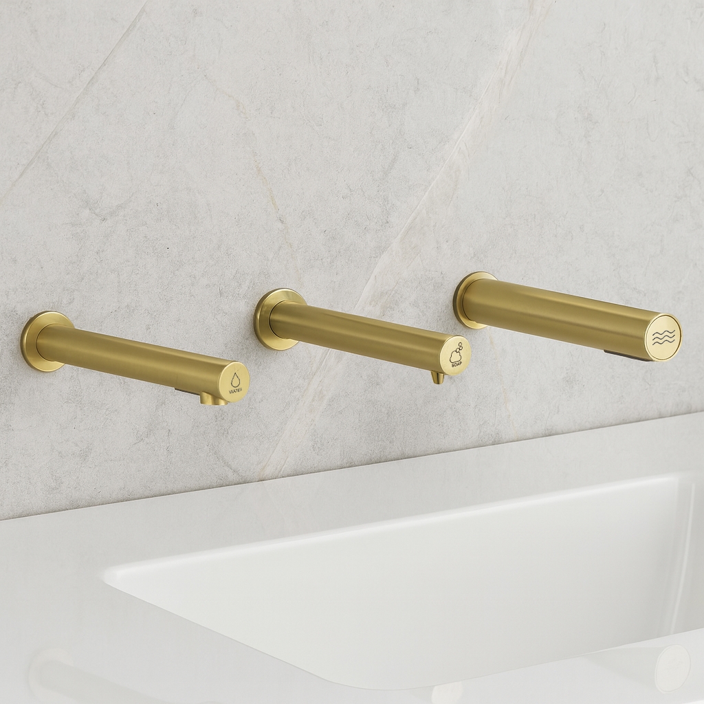 Commercial restroom with touchless sensor faucets installed for high traffic public use