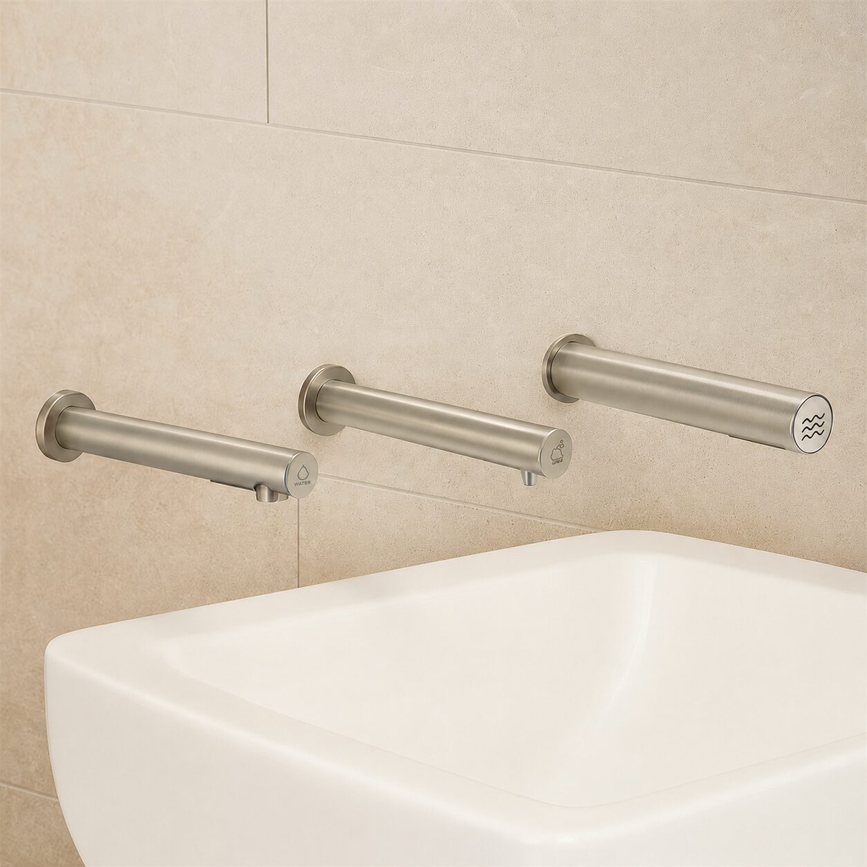 Wall-mounted Fontana touchless faucet shown as an architectural commercial restroom design reference