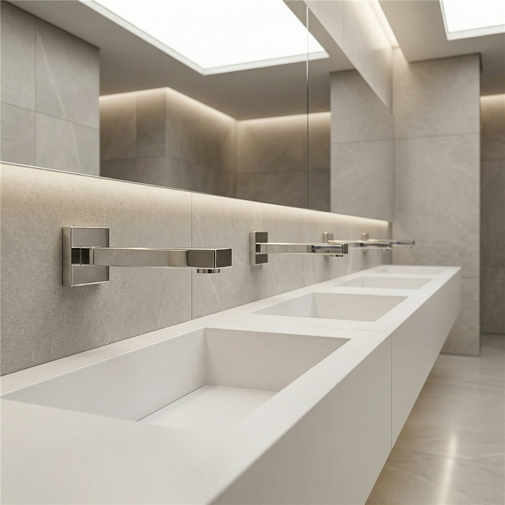 Deck-mounted chrome sensor faucet prepared for specification in a high-traffic commercial building