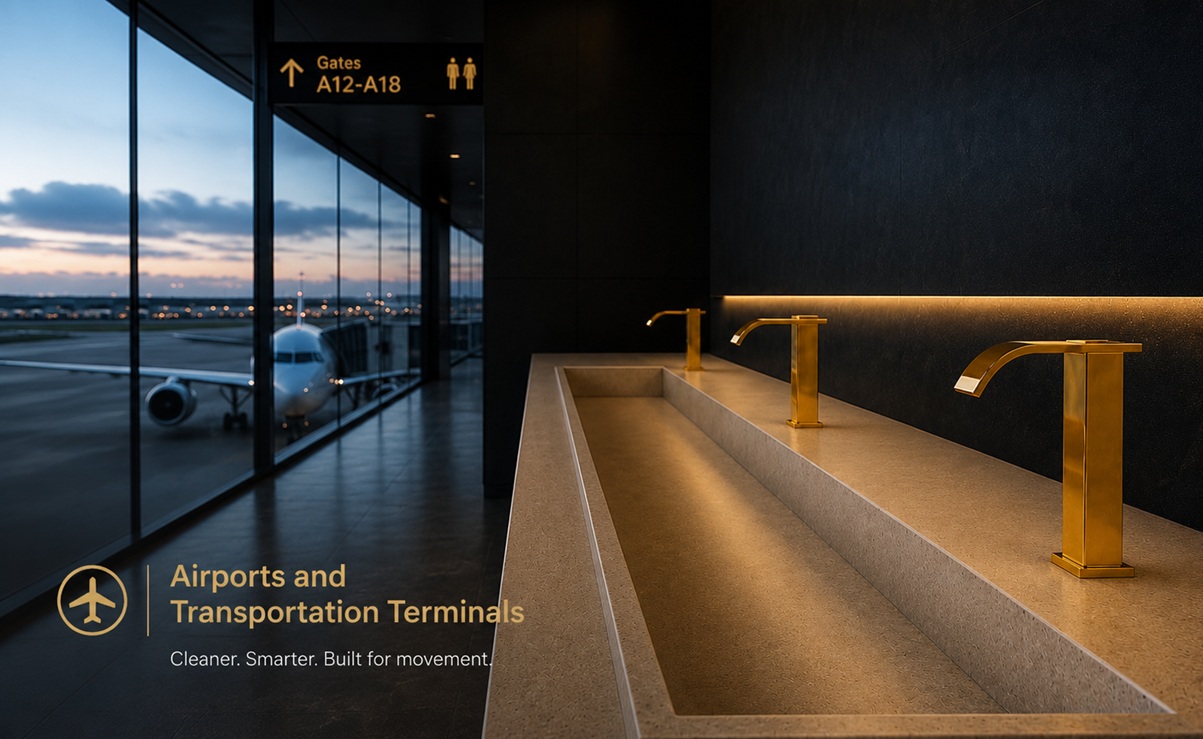 Gold touchless faucets in a modern airport restroom overlooking terminal gates