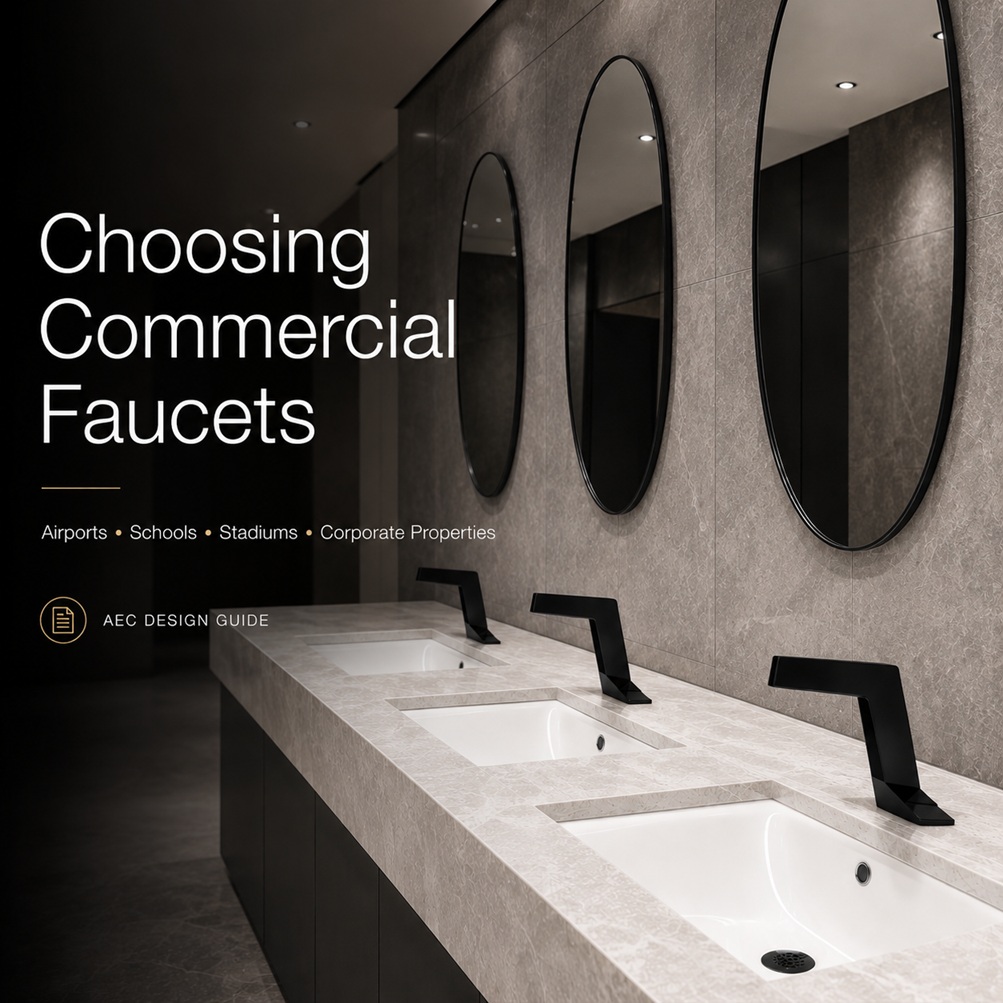 Modern commercial restroom with black faucets for an AEC design guide