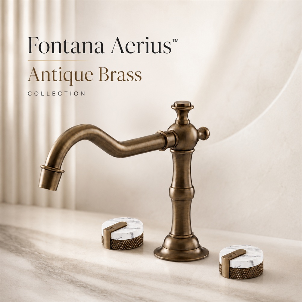 Fontana Aerius antique brass faucet collection with marble handle accents