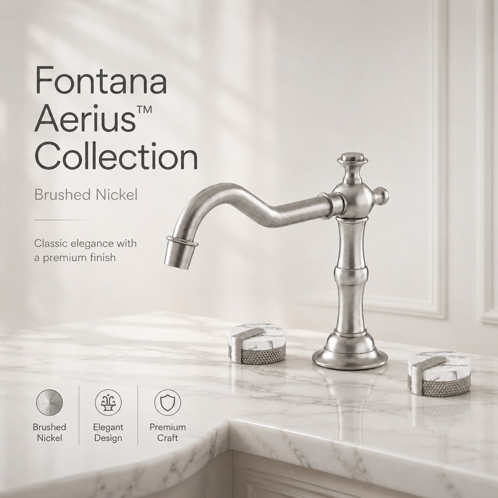 Fontana Aerius brushed nickel faucet collection on marble countertop