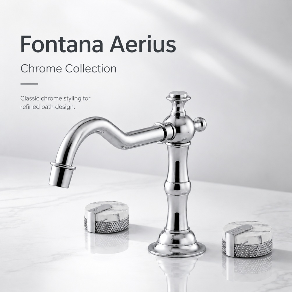 Fontana Aerius Chrome Collection faucet set with polished chrome spout and matching round handles on a clean modern background
