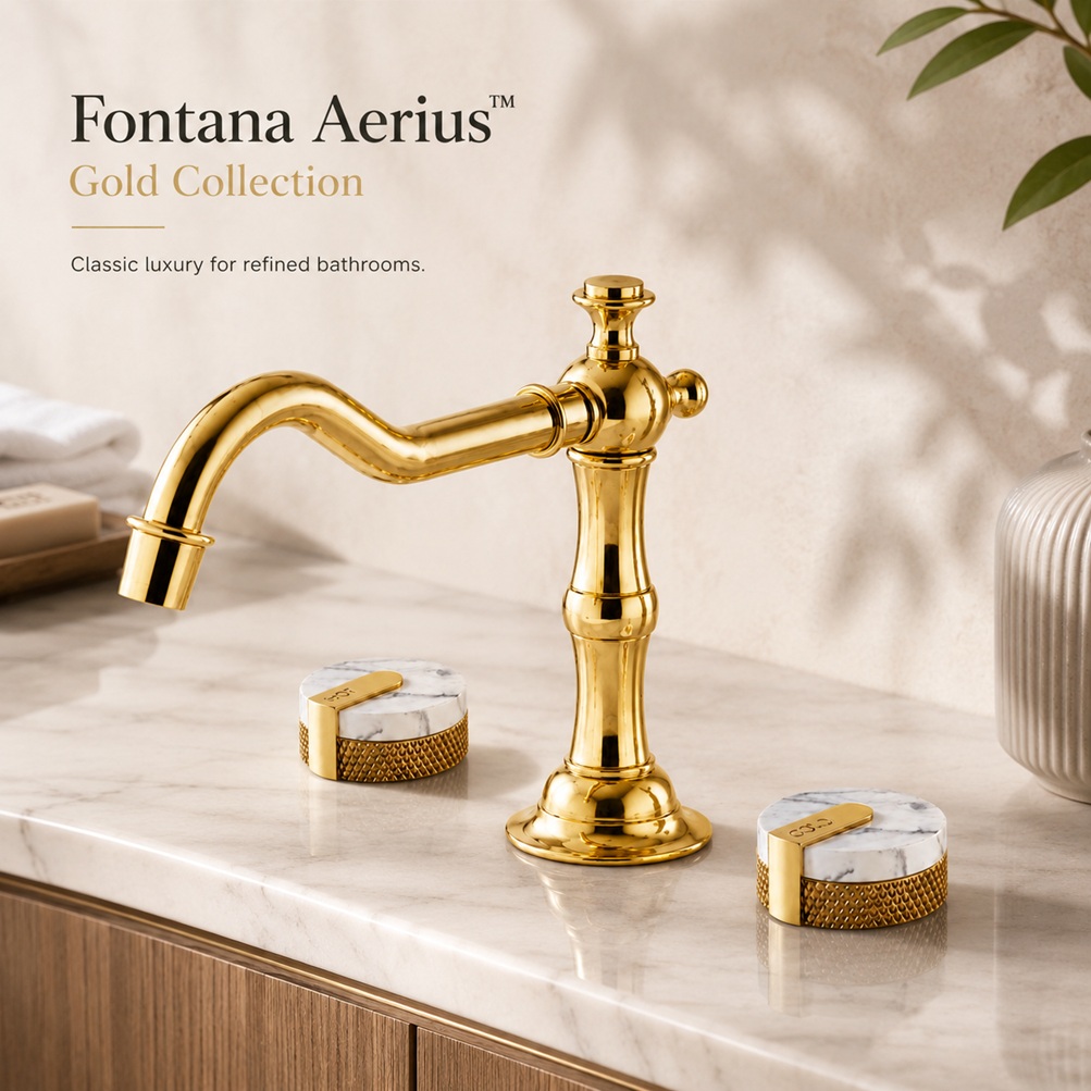 Fontana Aerius gold faucet collection with classic curved spout