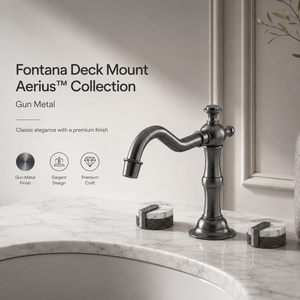 Fontana Aerius gun metal deck mount faucet on marble countertop