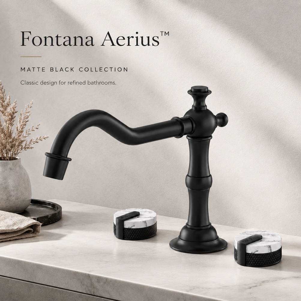 Fontana Aerius matte black faucet collection with classic curved spout and marble-accent handles on a modern bathroom countertop