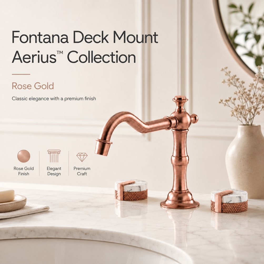 Fontana Aerius rose gold deck mount faucet on marble countertop