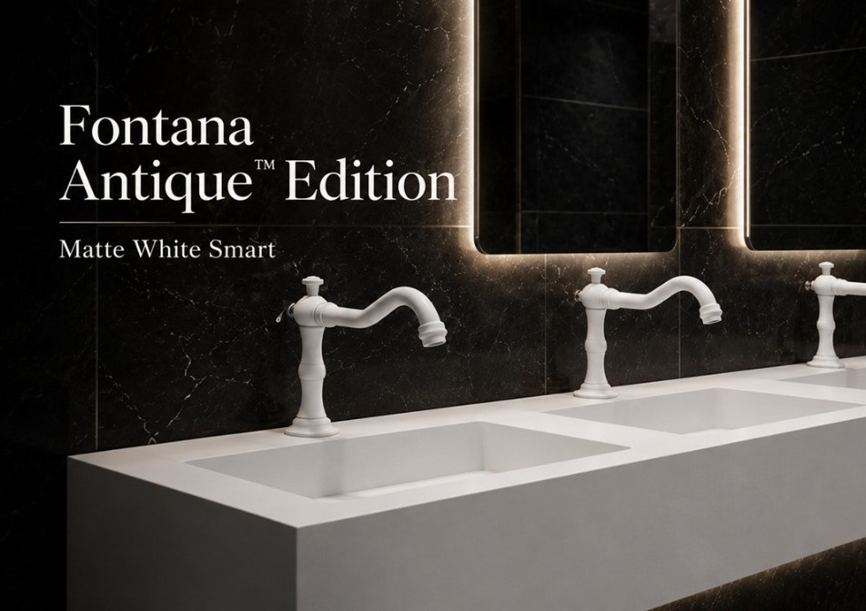 Matte white Fontana Antique smart faucets in a luxury black marble restroom