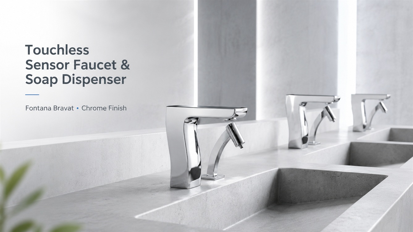 Fontana Bravat chrome touchless sensor faucet and soap dispenser in a modern commercial restroom