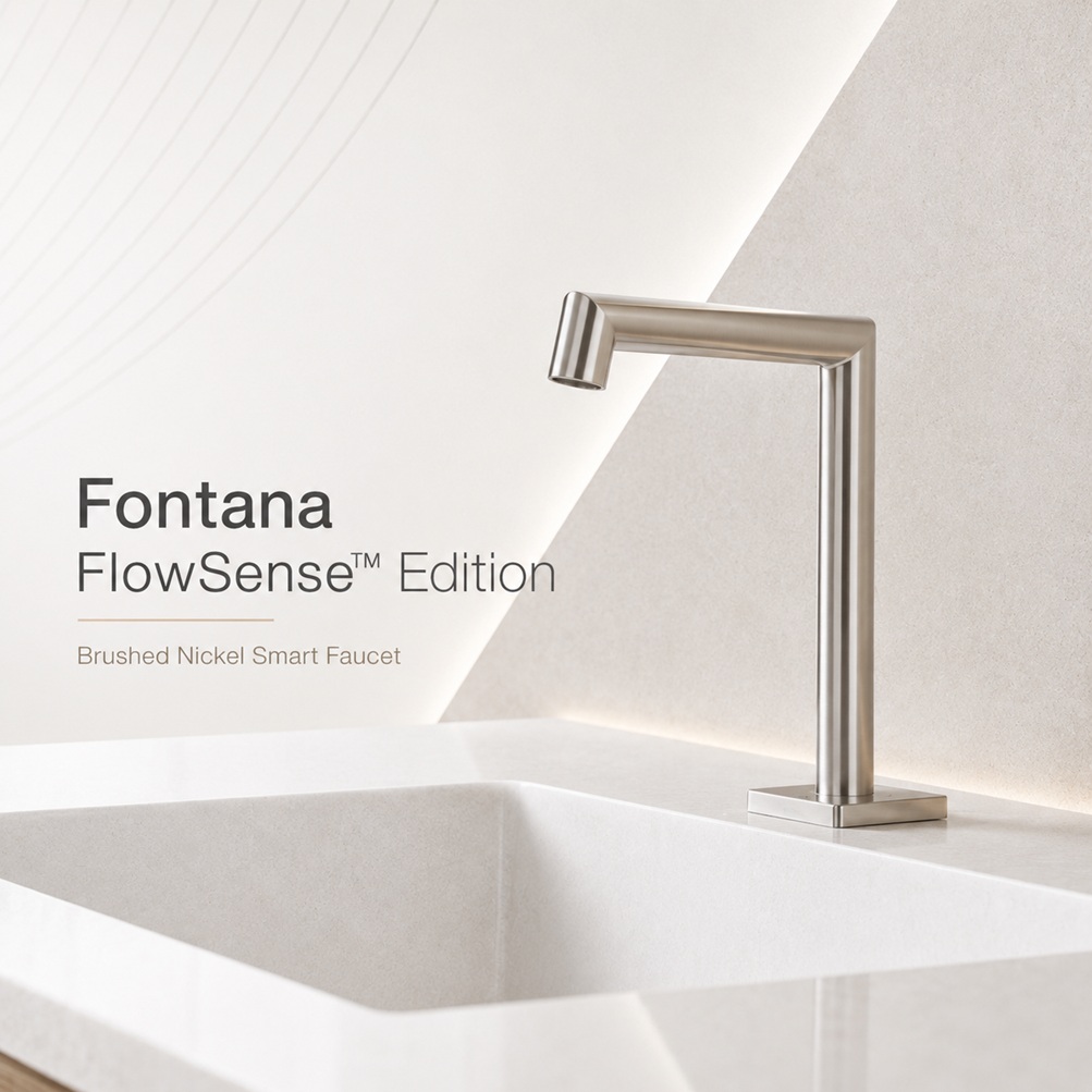Fontana FlowSense brushed nickel smart faucet featured in a modern white sink setting