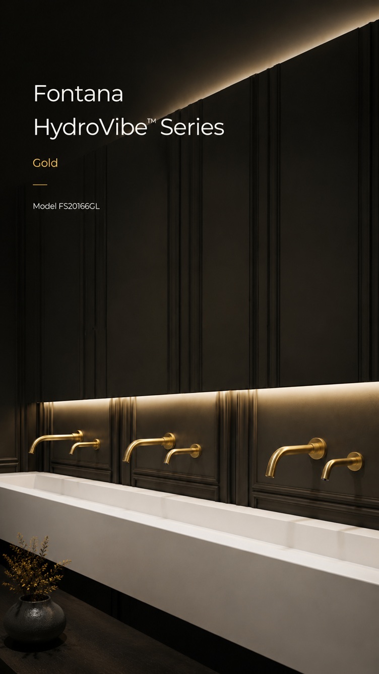 Fontana HydroVibe Series gold wall-mounted faucets in a luxury modern restroom