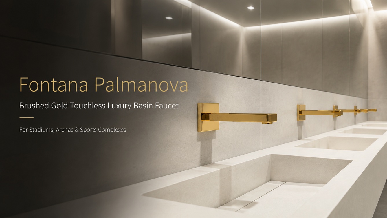 Fontana Palmanova brushed gold touchless basin faucets in a modern stadium restroom