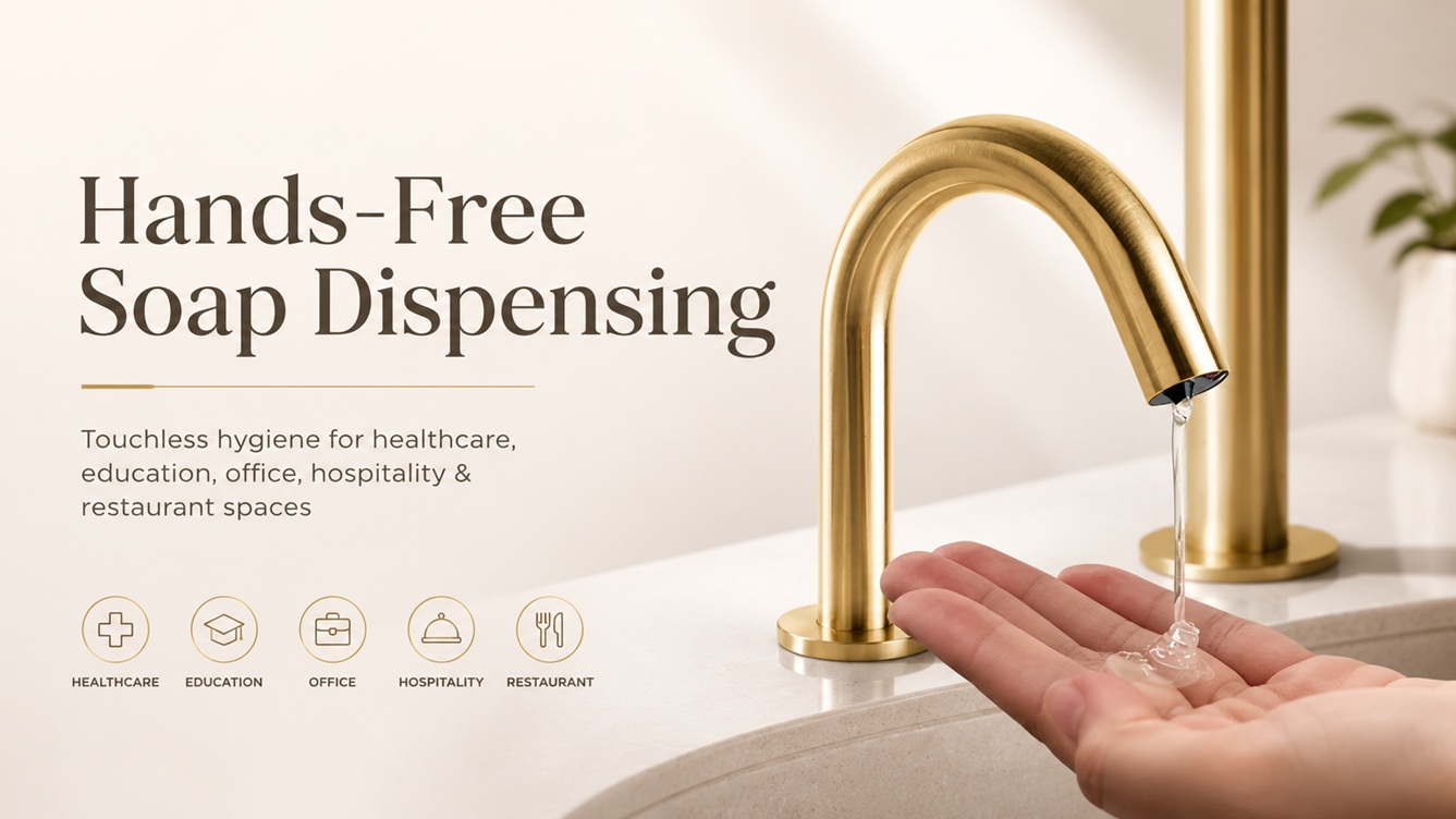 Gold touchless soap dispenser providing hands-free hygiene for commercial restrooms